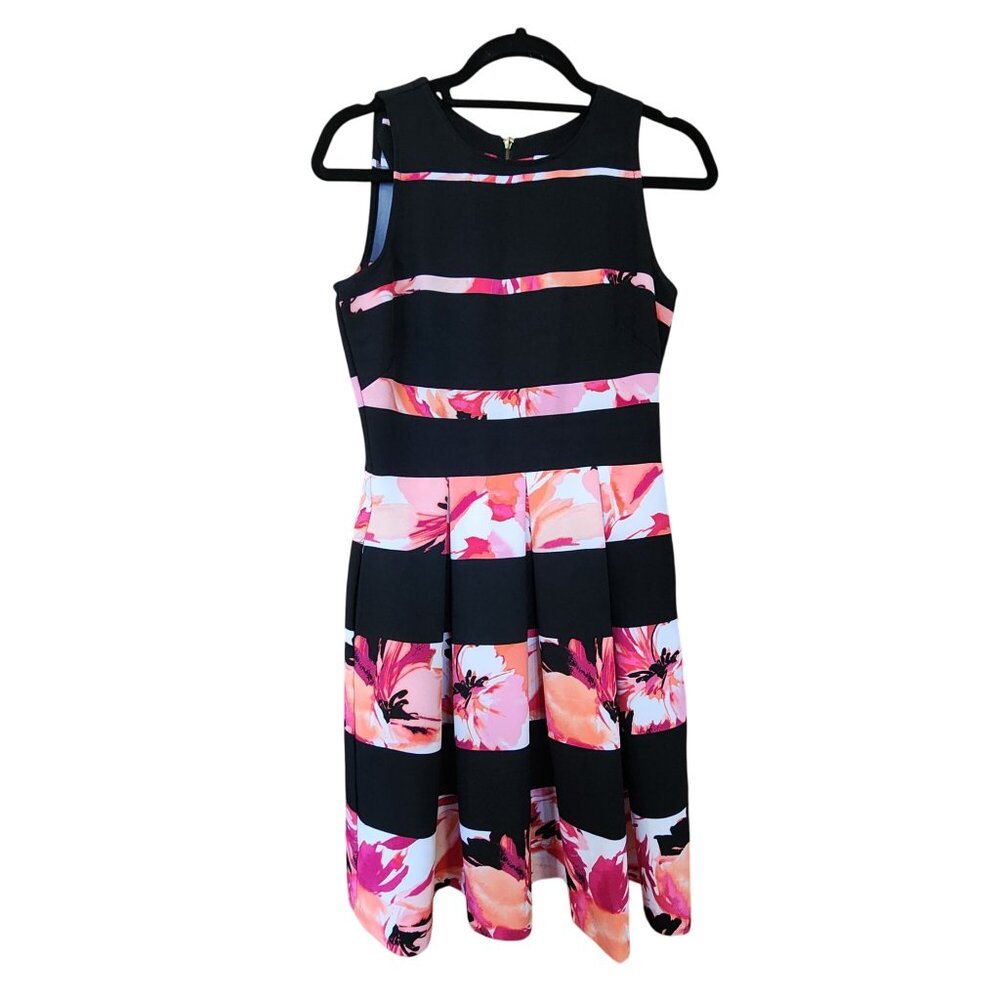 Dress Barn Sleeveless Floral Striped Dress With Pockets & Back Zip Womens Size 4